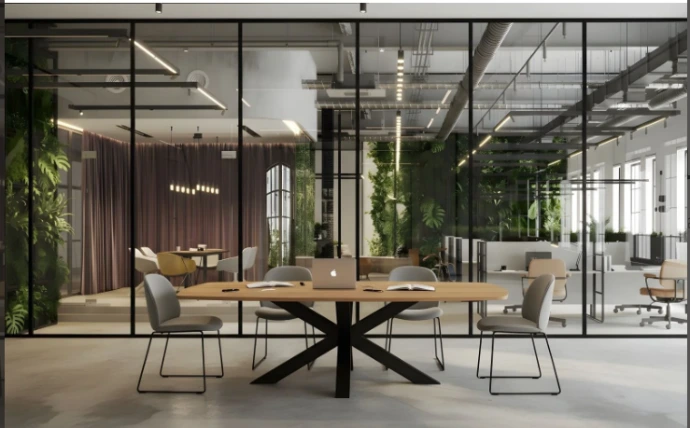 Contemporary office with meeting tables and chairs