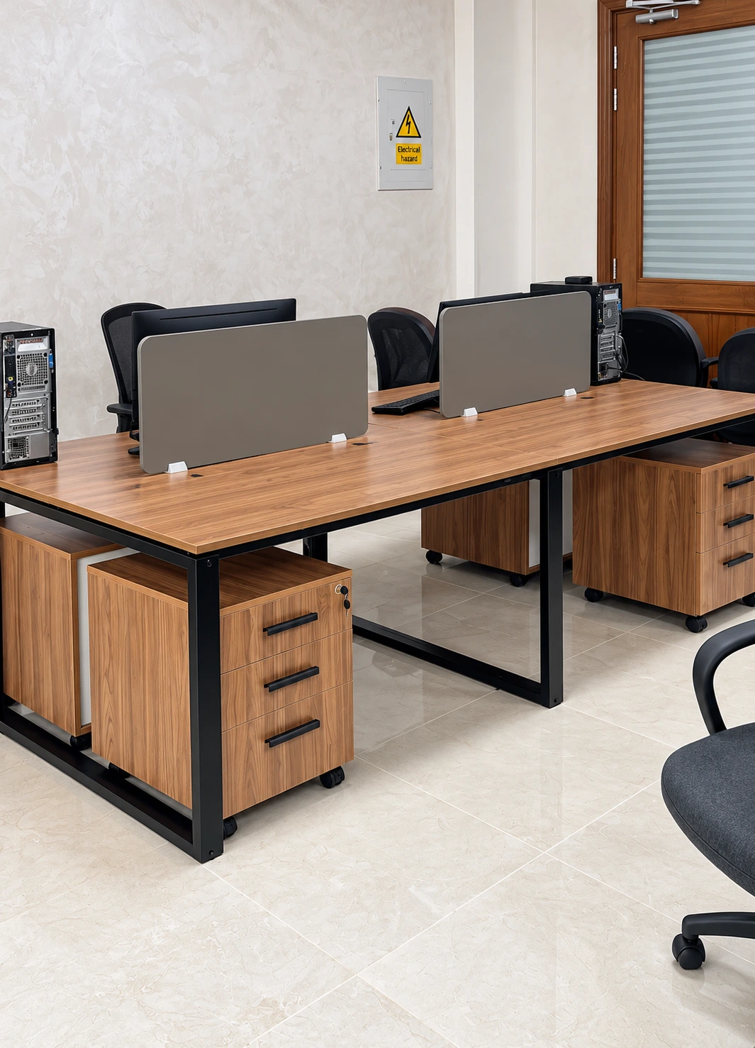 Office bench workstations with grey dividers and drawer units in Salalah