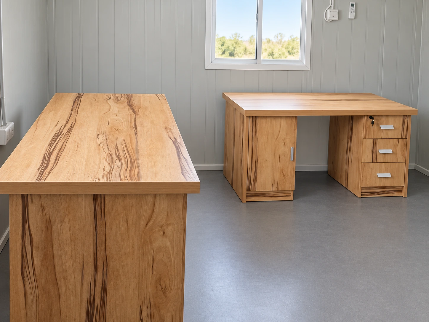 Wood-finish office desks with cupboards and drawers at Yanqul camp