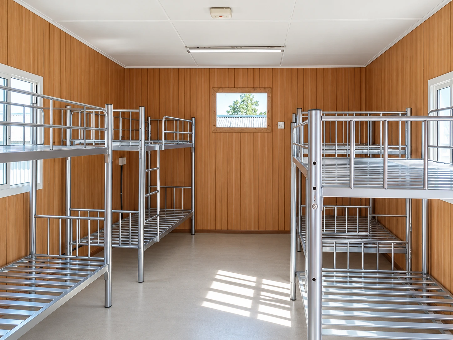 Silver metal bunk bed frames with ladders in Yanqul camp accommodation